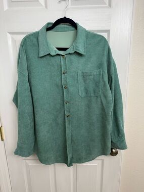 Corduroy Button-Up Shirt Jacket in Sage Green